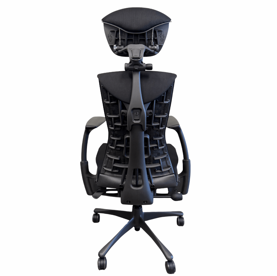 Back view of refurbished Herman Miller Embody chair with headrest, black mesh, Office Logix Shop
