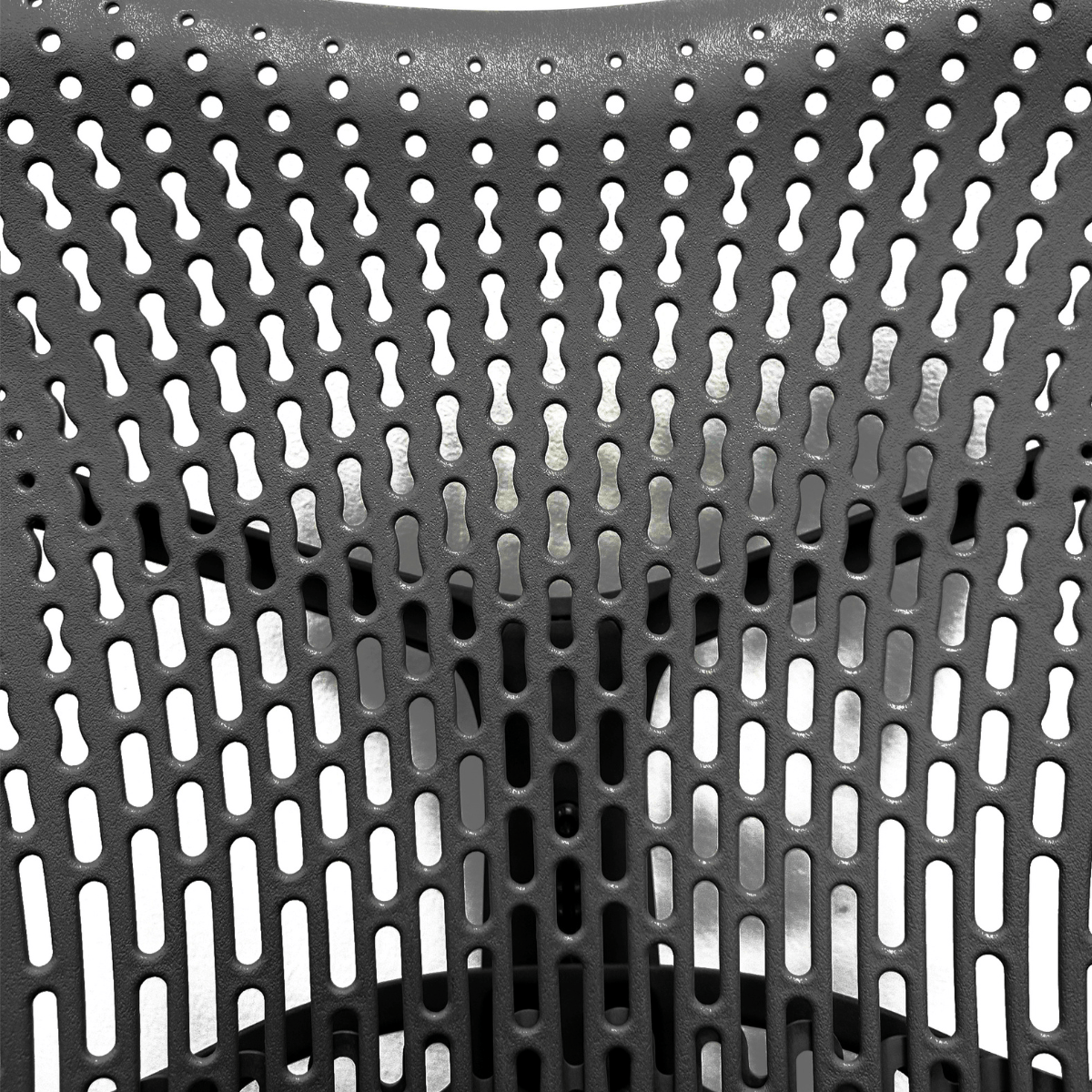 Closeup of Herman Miller Mirra V1 chair backrest with black perforated mesh design