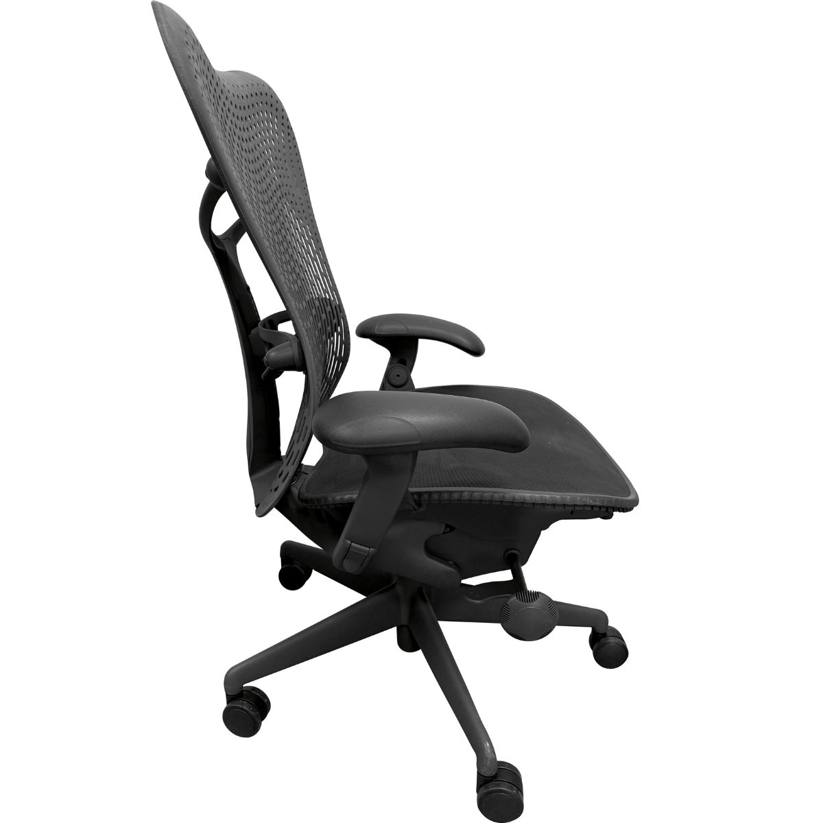 Refurbished Herman Miller Mirra V1 black ergonomic office chair with mesh back, side view