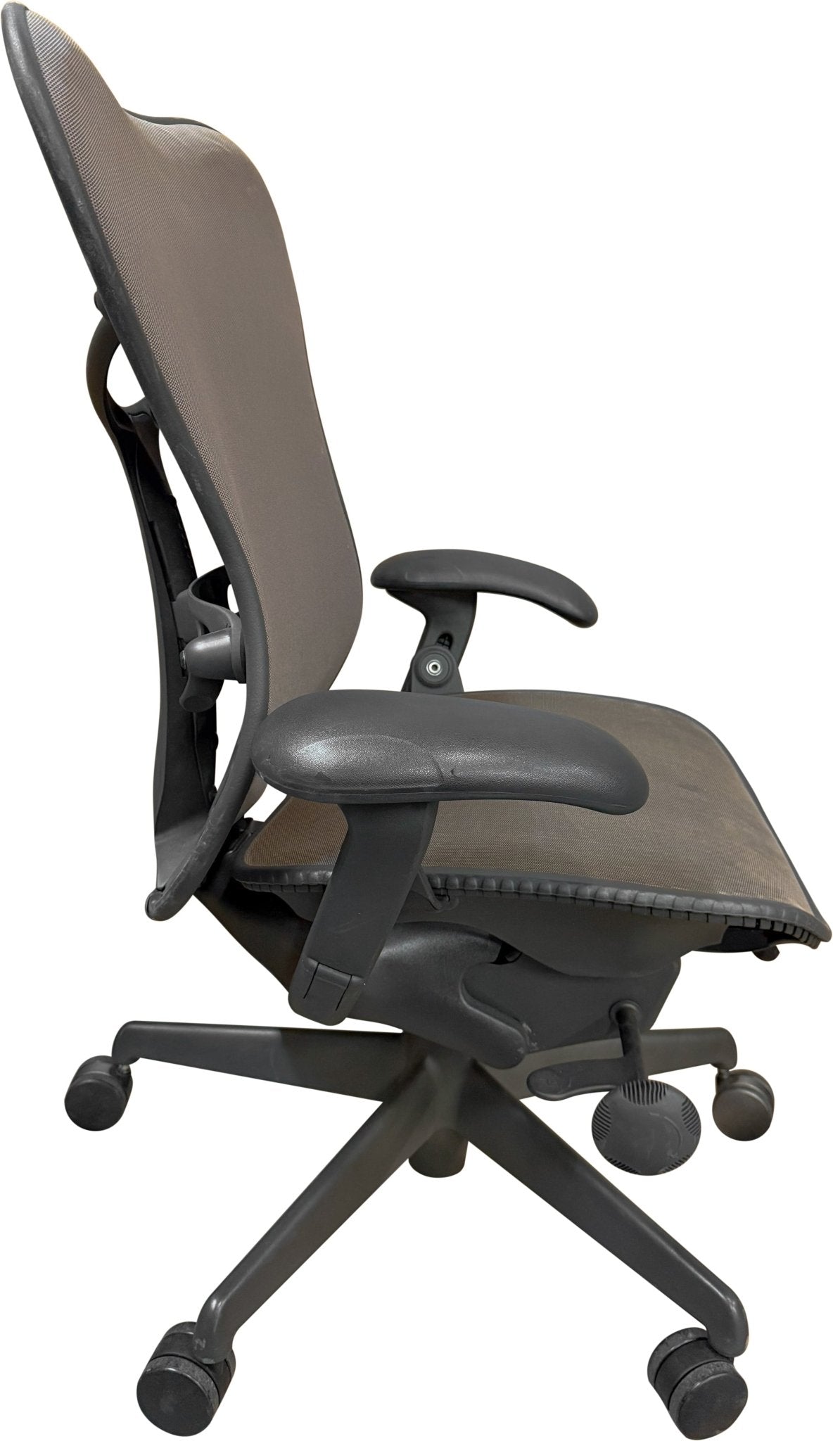 Refurbished Herman Miller Mirra office chair with gray mesh seat and backrest, side view