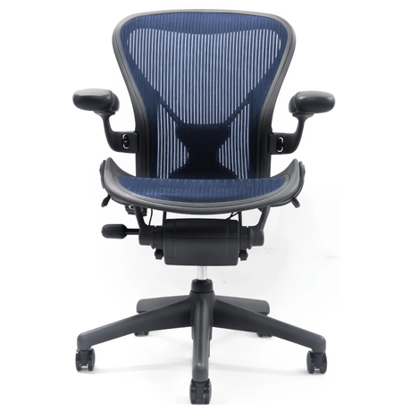 Herman Miller Office Task Chair B Size (two dots) / Blue Mesh w/ Posture fit Pad Herman Miller Classic Aeron Chair - Fully Adjustable (Renewed)