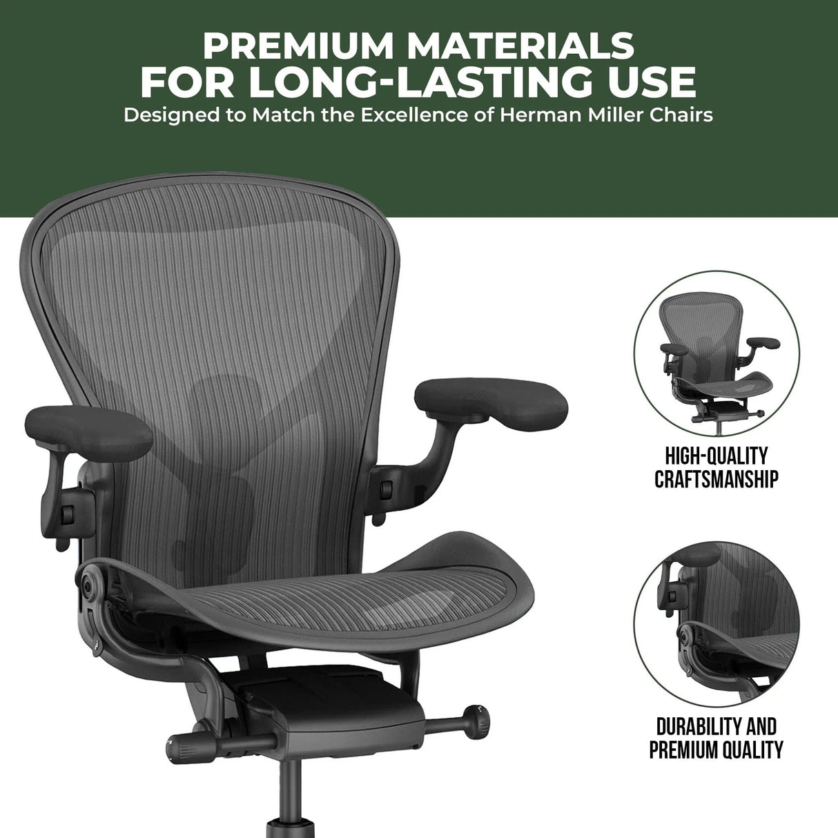 Refurbished Herman Miller Aeron office chair with adjustable arms, mesh seat, and text highlighting premium materials and craftsmanship, from Office Logix Shop.