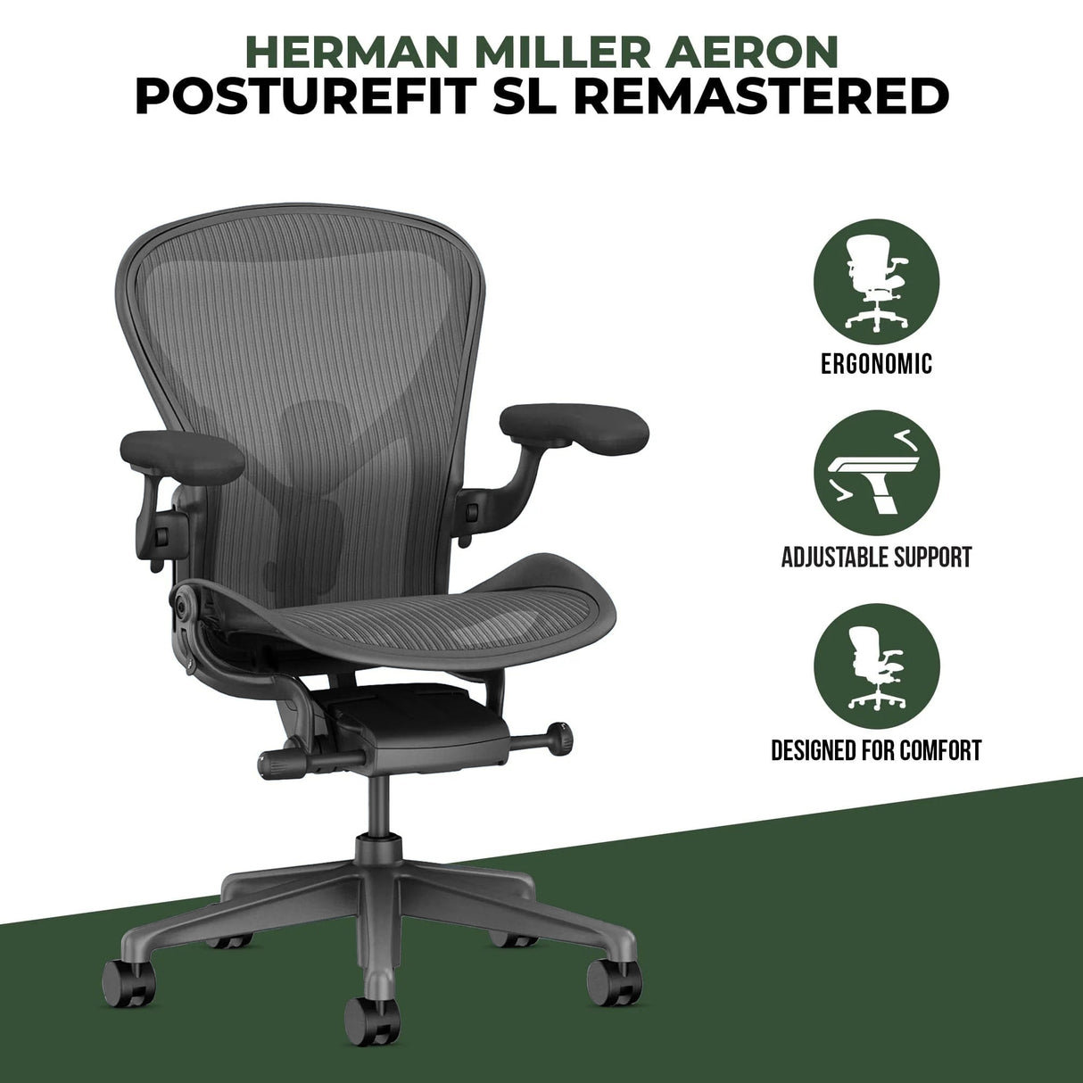 Refurbished Herman Miller Aeron ergonomic office chair with adjustable armrests and PostureFit SL support, shown on a white and green background.