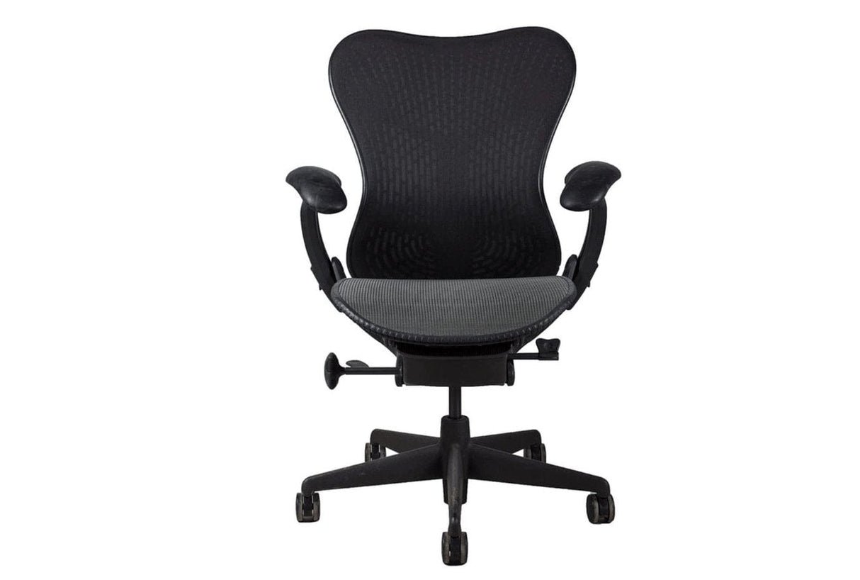 Refurbished Herman Miller Mirra office task chair with black mesh back and adjustable arms