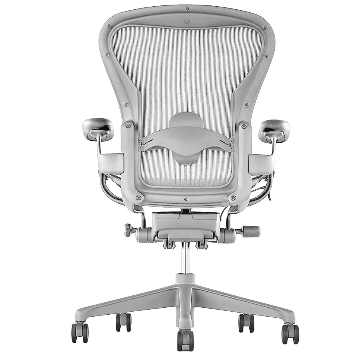 Refurbished Herman Miller Aeron office chair with mesh back and adjustable arms, rear view
