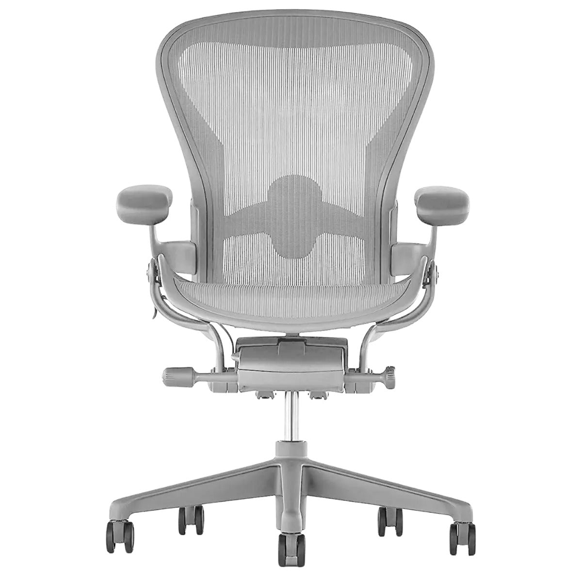 Refurbished Herman Miller Aeron office chair in mineral gray, ergonomic mesh seat, adjustable armrests, seen on Office Logix Shop