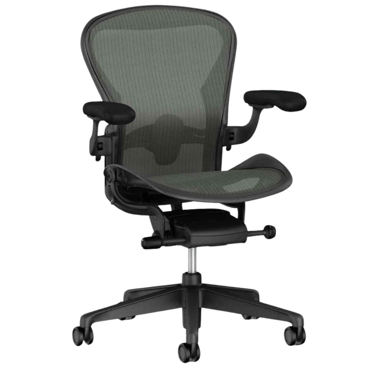 Refurbished Herman Miller Aeron chair with ergonomic mesh back, black frame, and adjustable arms