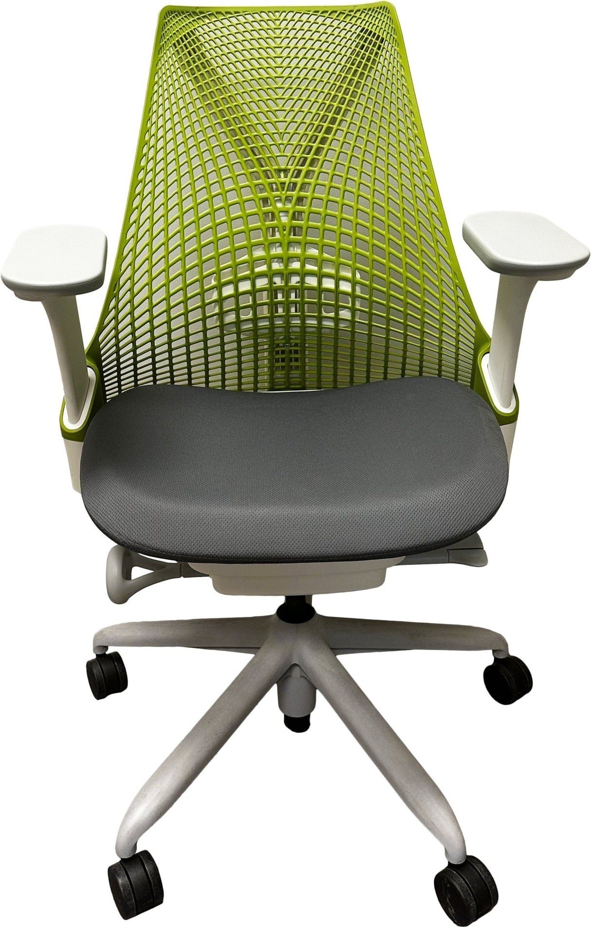 Refurbished Herman Miller Sayl chair with green mesh back, gray seat, and adjustable arms