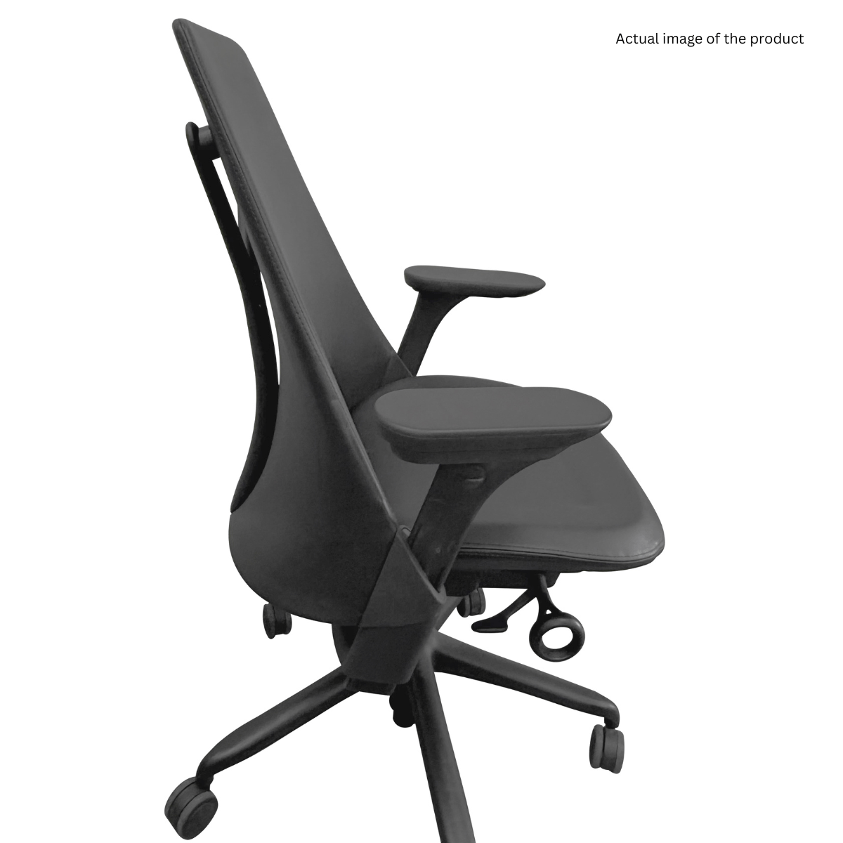 Refurbished black Herman Miller Sayl office chair with adjustable arms on white background