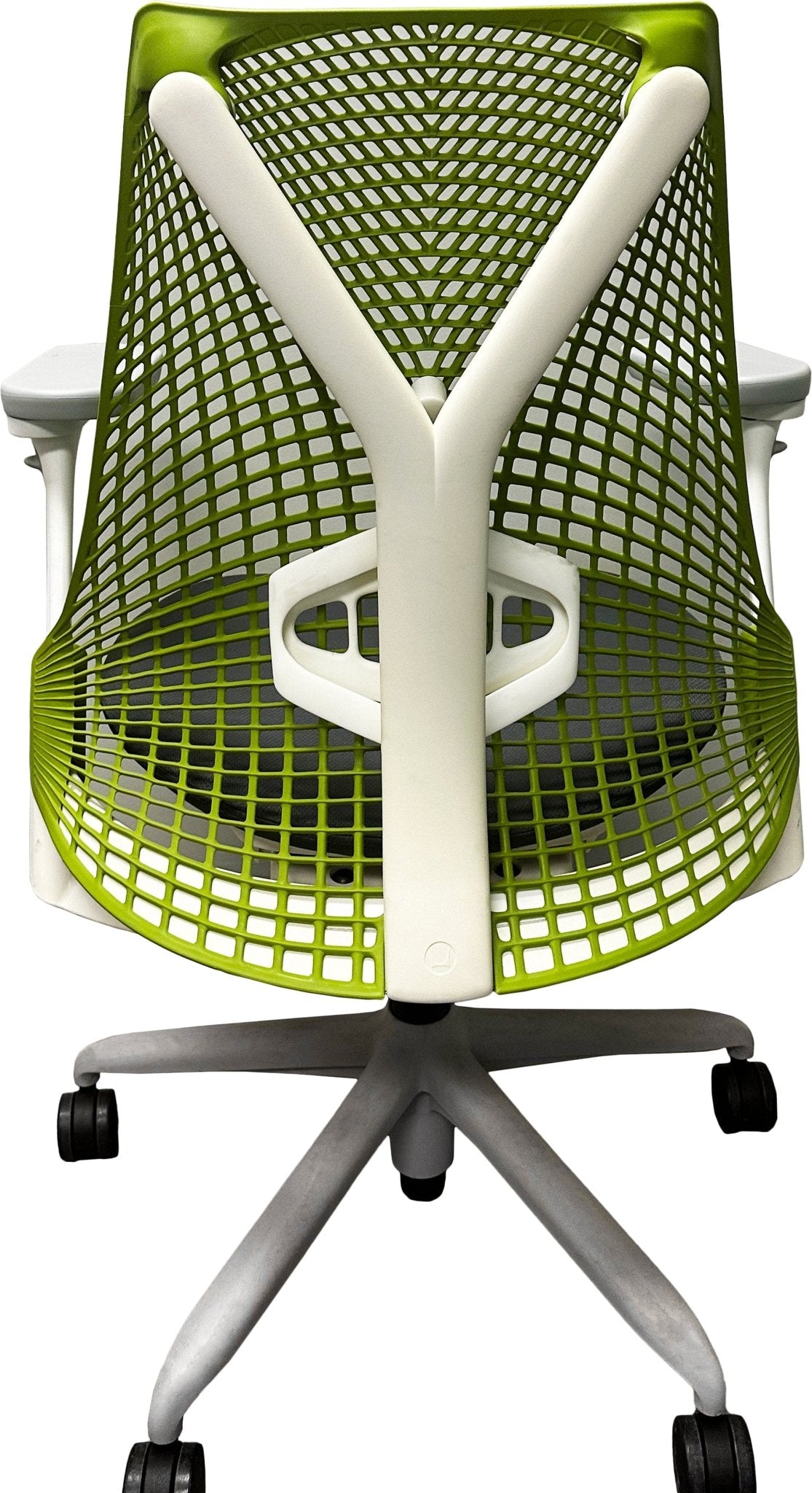 Refurbished Herman Miller Sayl office chair with green mesh back, adjustable, on wheels
