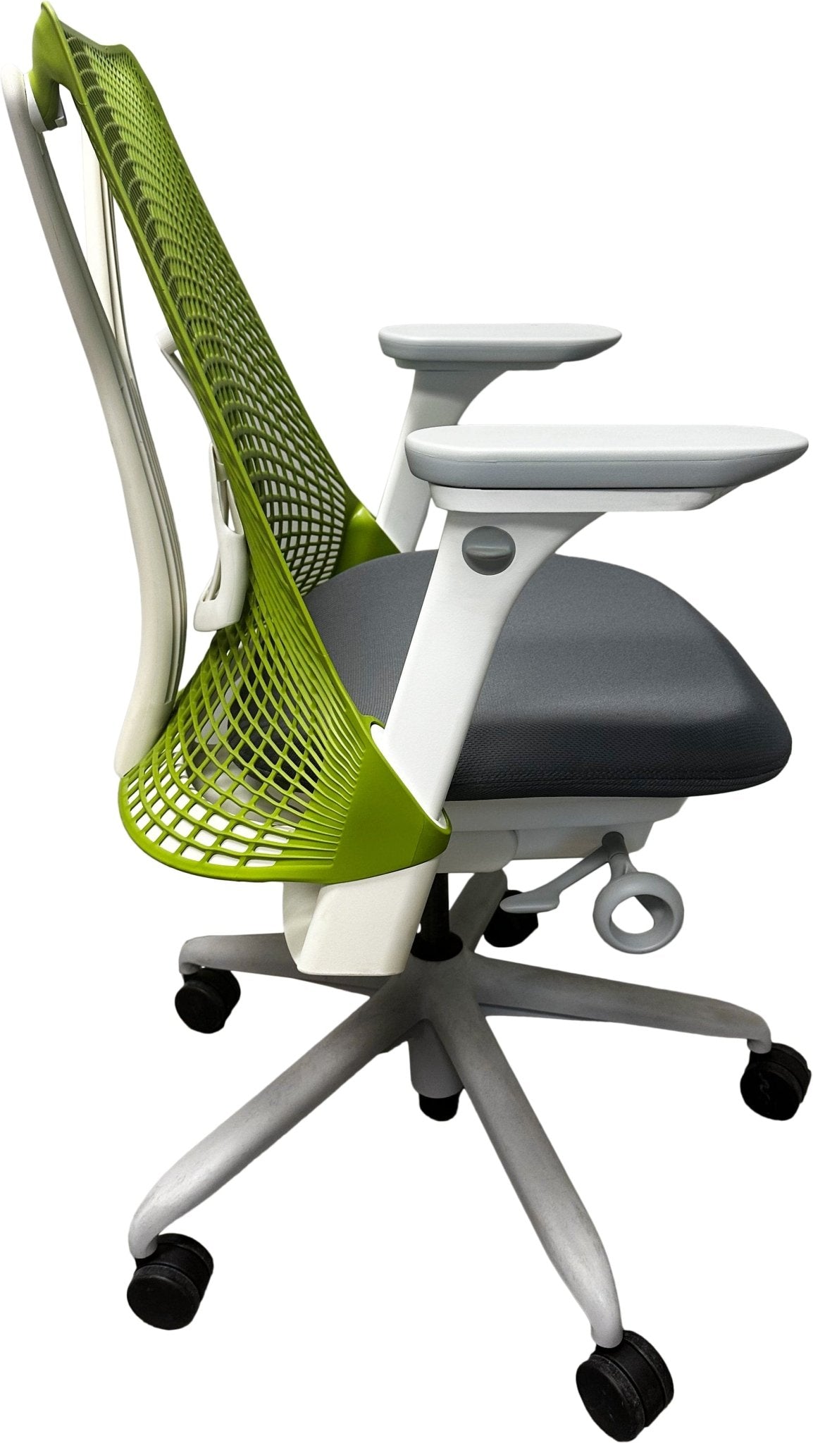 Refurbished Herman Miller Sayl chair with green mesh back and gray seat, office chair on wheels