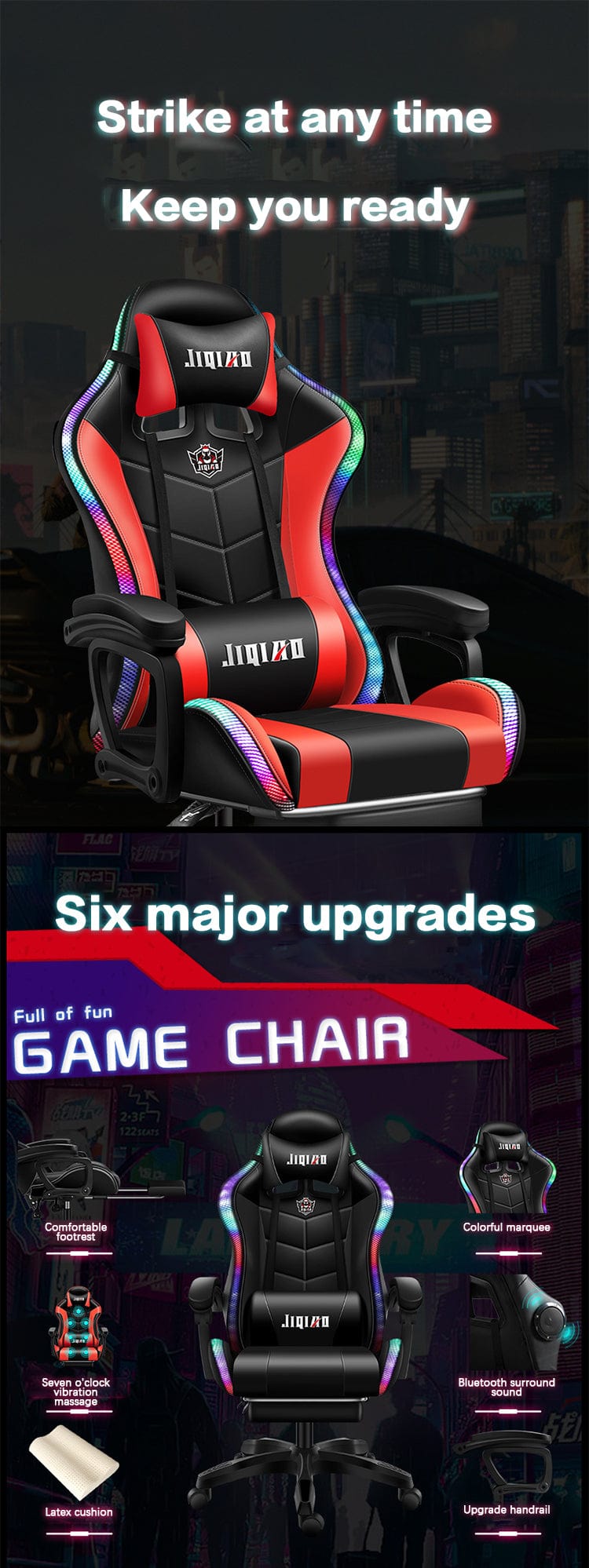 Ergonomic gaming chair with LED lights, massage lumbar pillow, and adjustable armrests from Office Logix Shop.