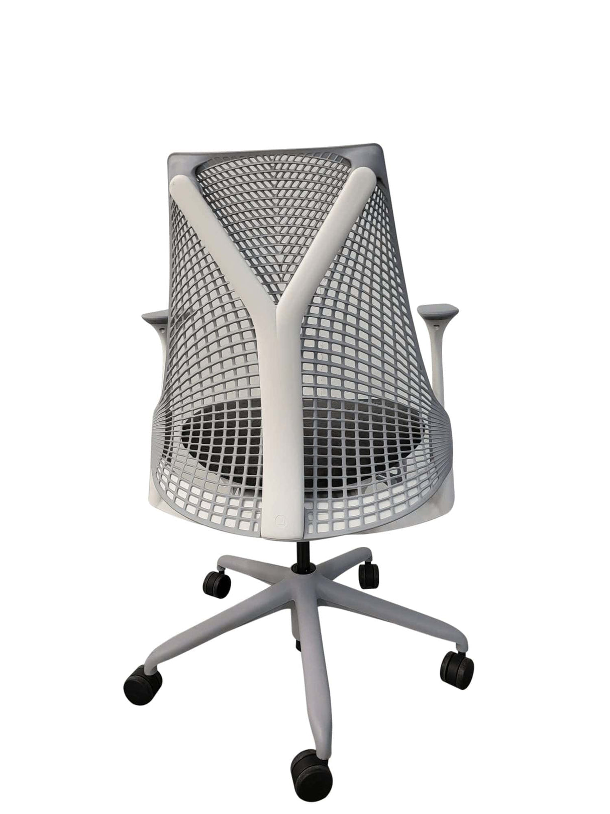 Refurbished Herman Miller Sayl chair with white Y-back design and mesh seat, Office Logix Shop