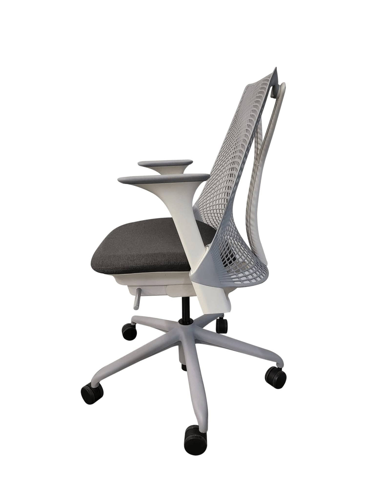 Refurbished Herman Miller Sayl office chair with grey mesh back and seat, side view