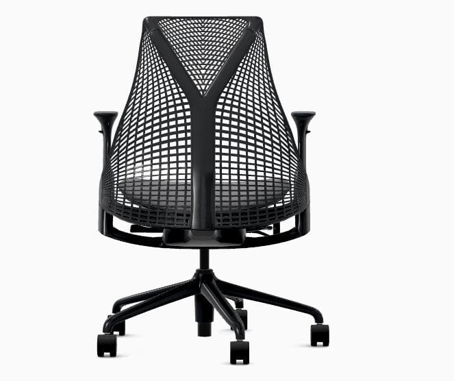 Refurbished black Herman Miller Sayl office chair with mesh back, shown from behind.