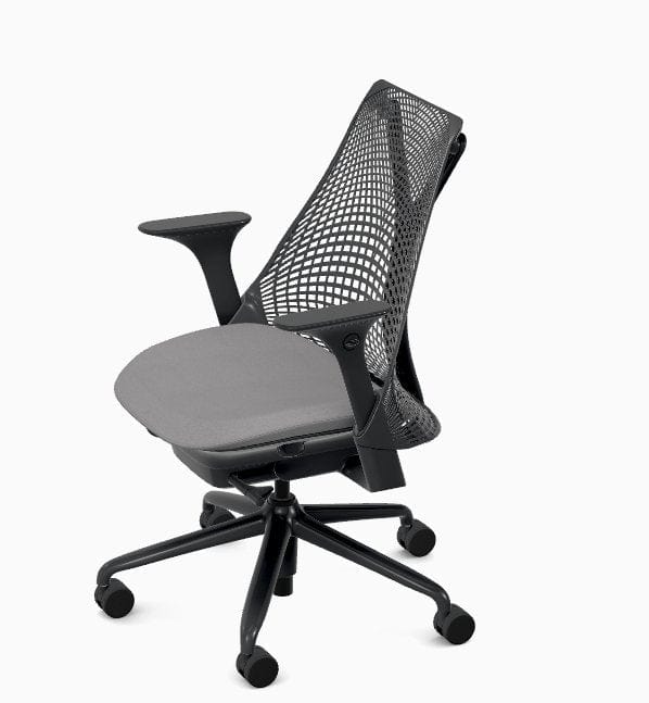 Refurbished Herman Miller Sayl office chair with mesh backrest, black frame, and gray seat