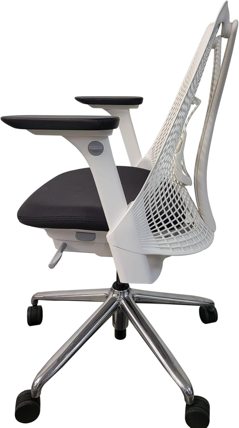 Refurbished Herman Miller Sayl office chair with mesh back and black seat, side view