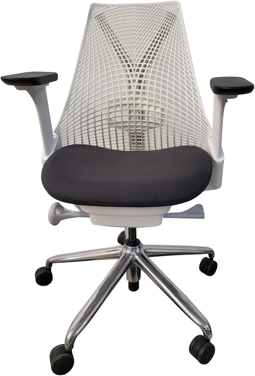 Refurbished Herman Miller Sayl chair with white mesh back, gray seat, and lumbar support from Office Logix Shop.