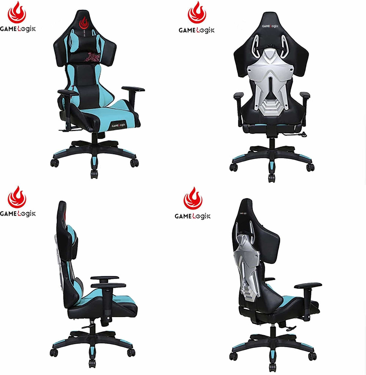 High-back black and blue ergonomic gaming office chair with massage lumbar support, shown from multiple angles.