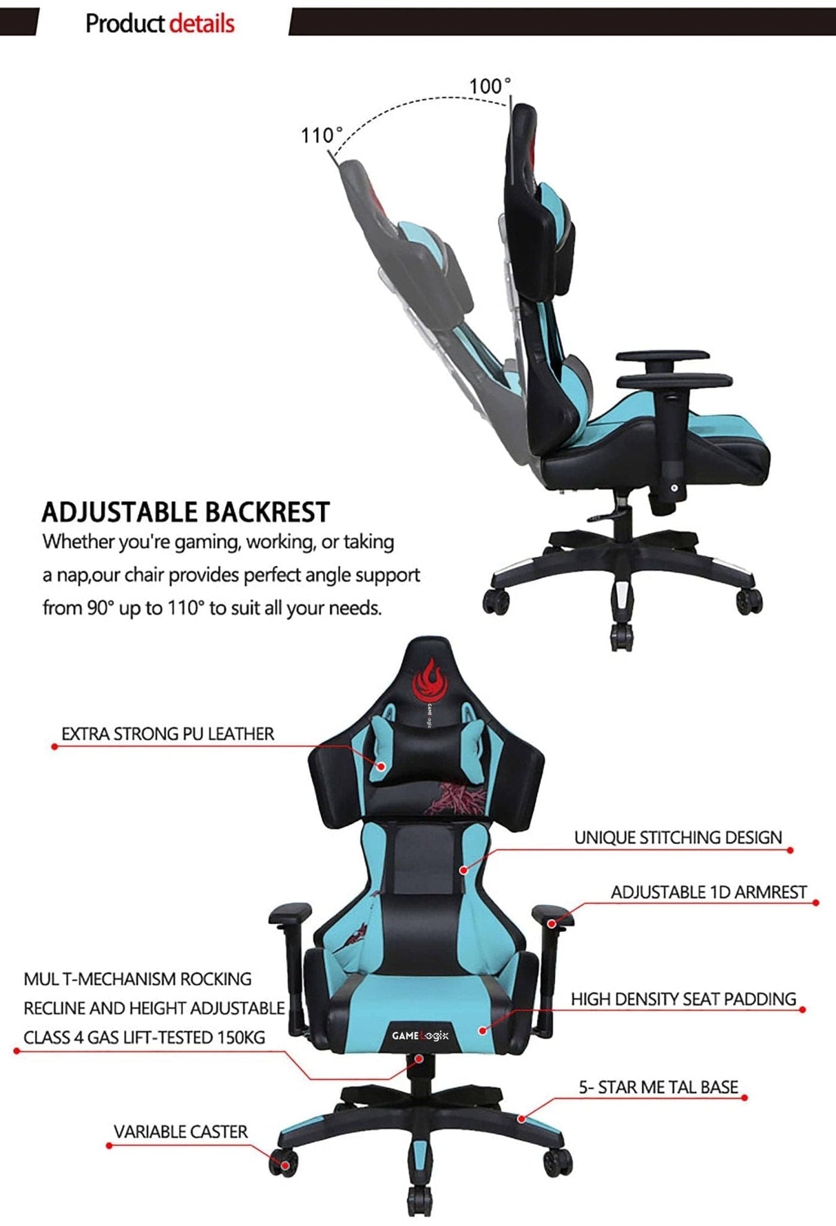 High back office and gaming chair with adjustable backrest, lumbar massage, and PU leather, from Office Logix Shop