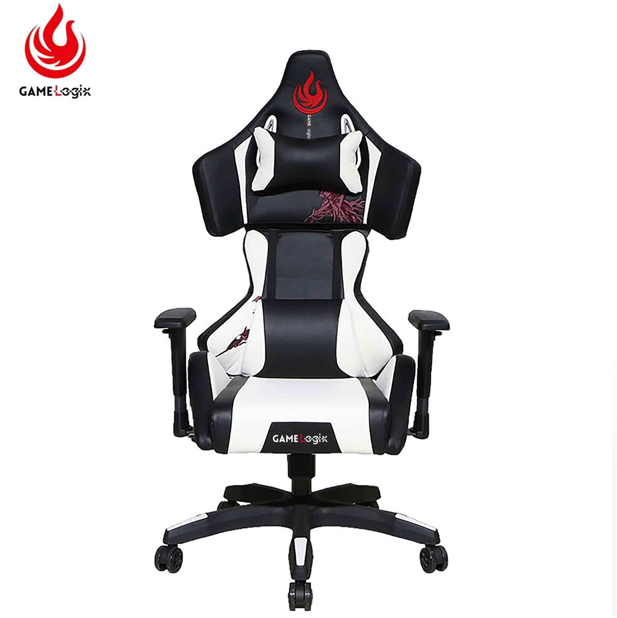 Black and white ergonomic high-back gaming chair with headrest and lumbar support, Office Logix