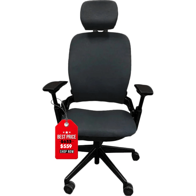 Refurbished black Steelcase Leap V2 office chair with headrest and sale tag from Office Logix Shop