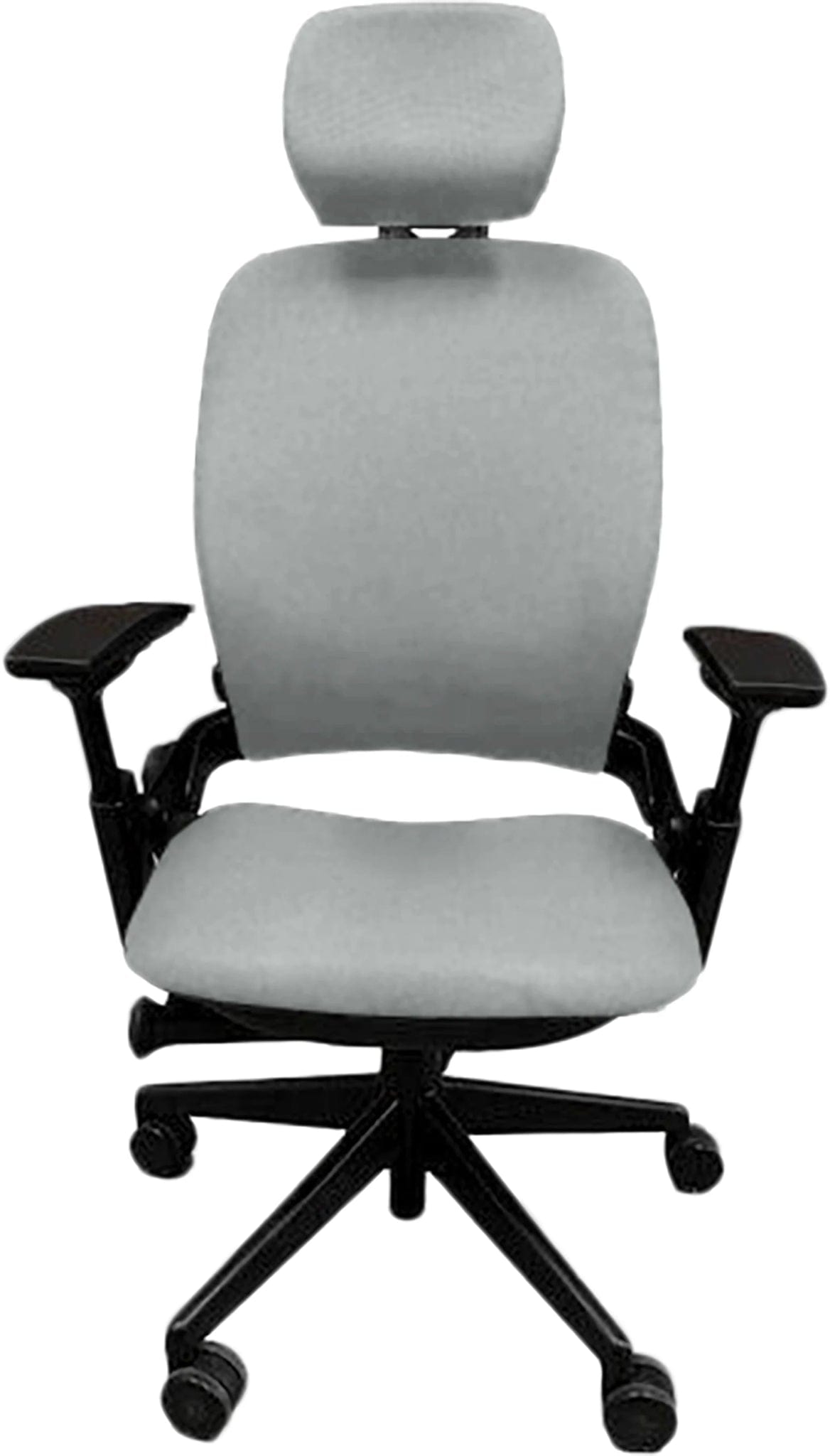 Refurbished Steelcase Leap V2 office chair in gray with headrest, ergonomic and adjustable.