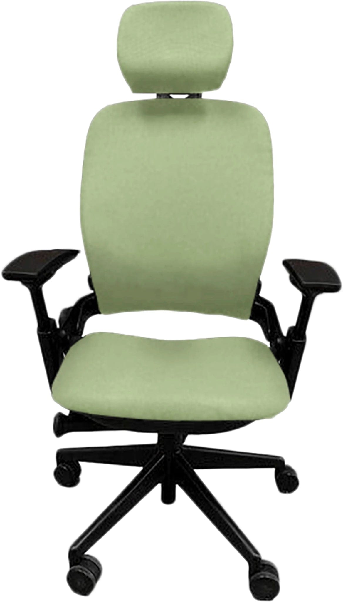 Refurbished Steelcase Leap V2 green office chair with headrest and black arms, ergonomic seating
