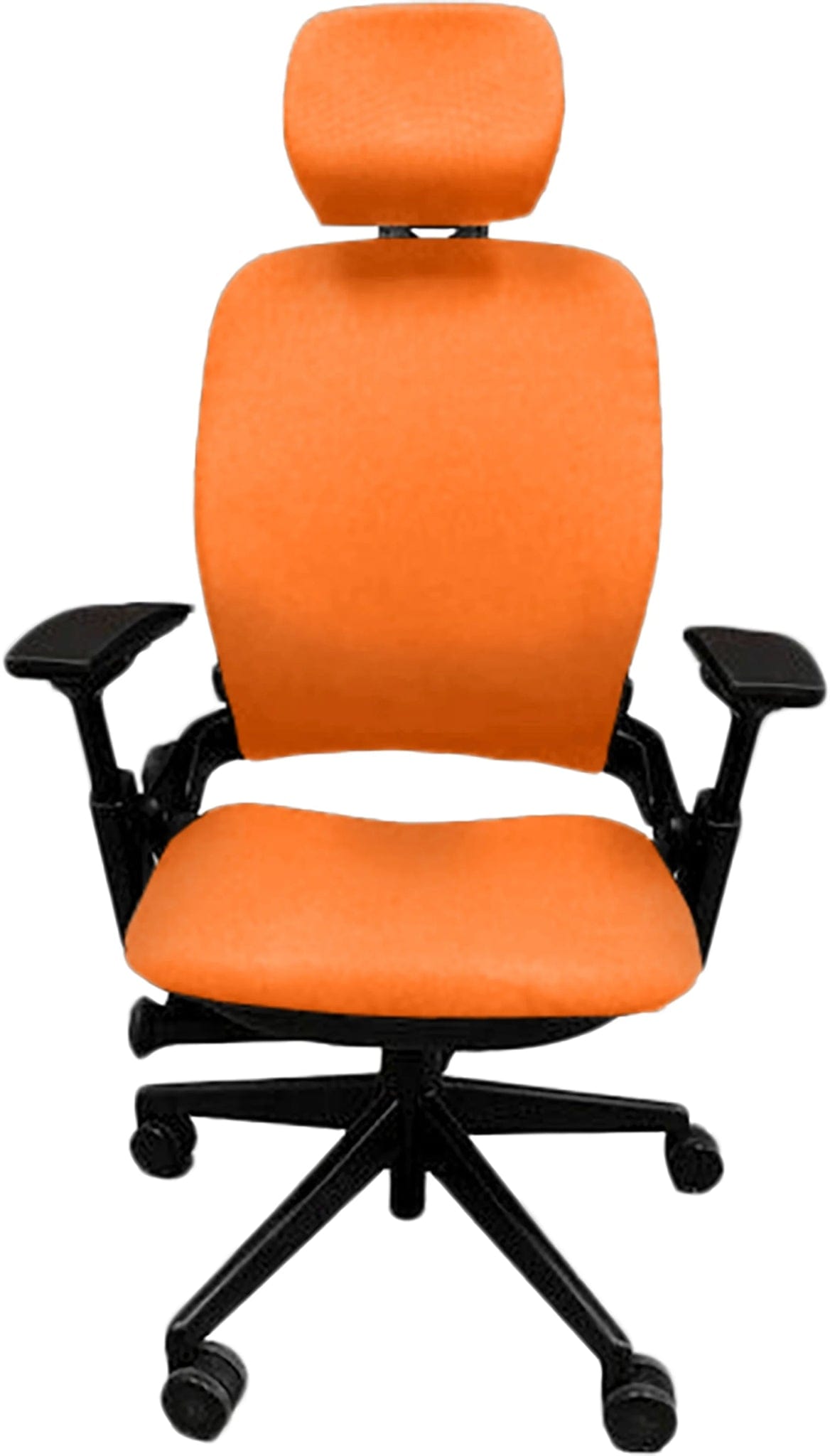 Refurbished orange Steelcase Leap V2 office chair with headrest, black base and arms