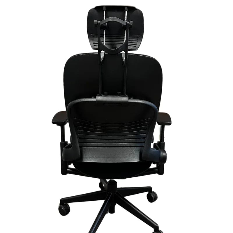 Rear view of refurbished Steelcase Leap V2 office chair with headrest, black finish