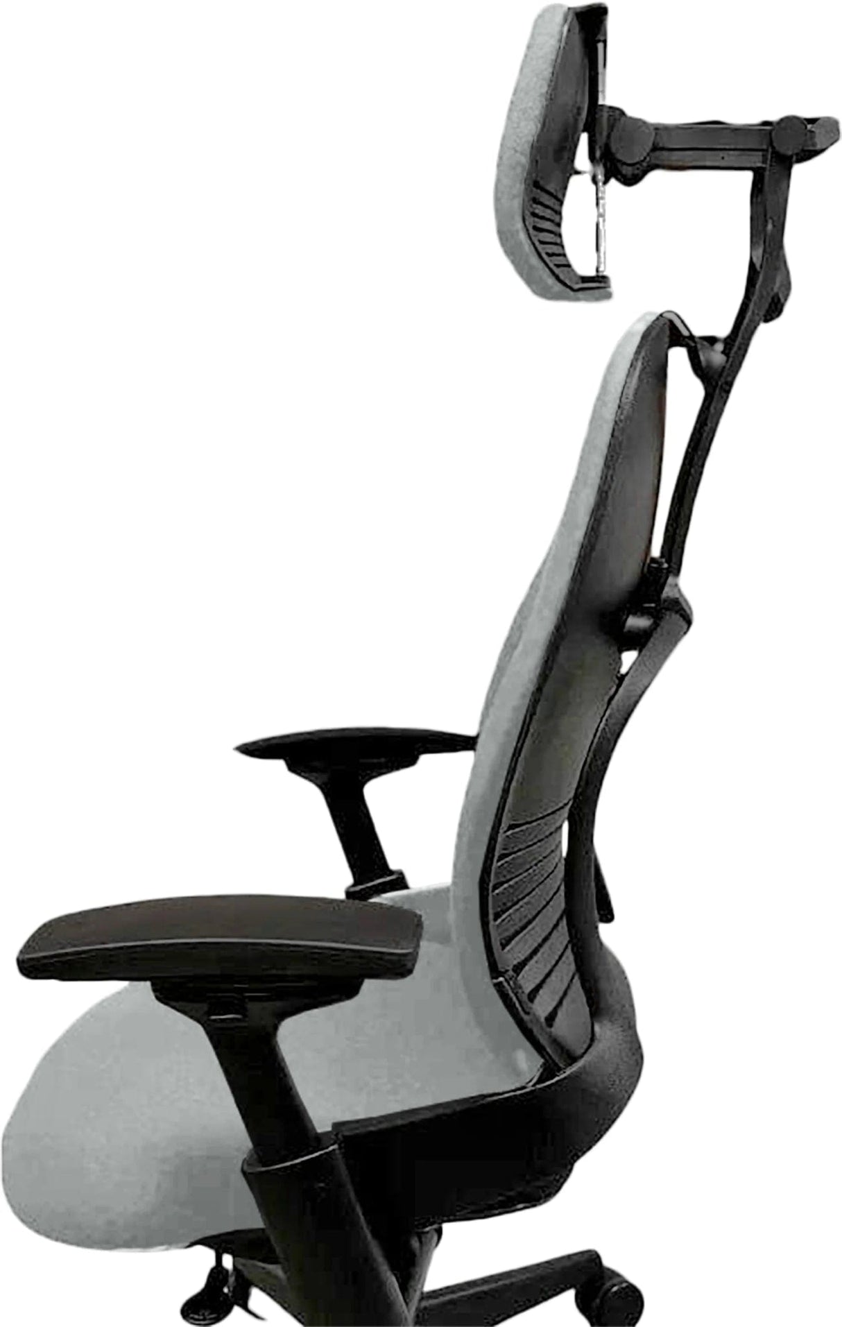 Refurbished Steelcase Leap V2 office chair with headrest, black and grey, ergonomic design