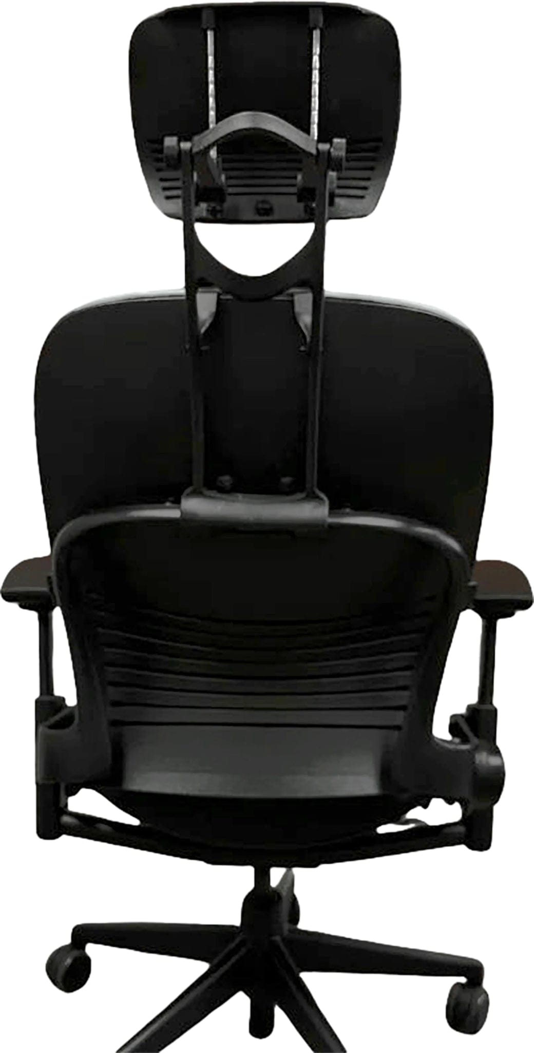 Refurbished Steelcase Leap V2 office chair with headrest, black, ergonomic, rear view