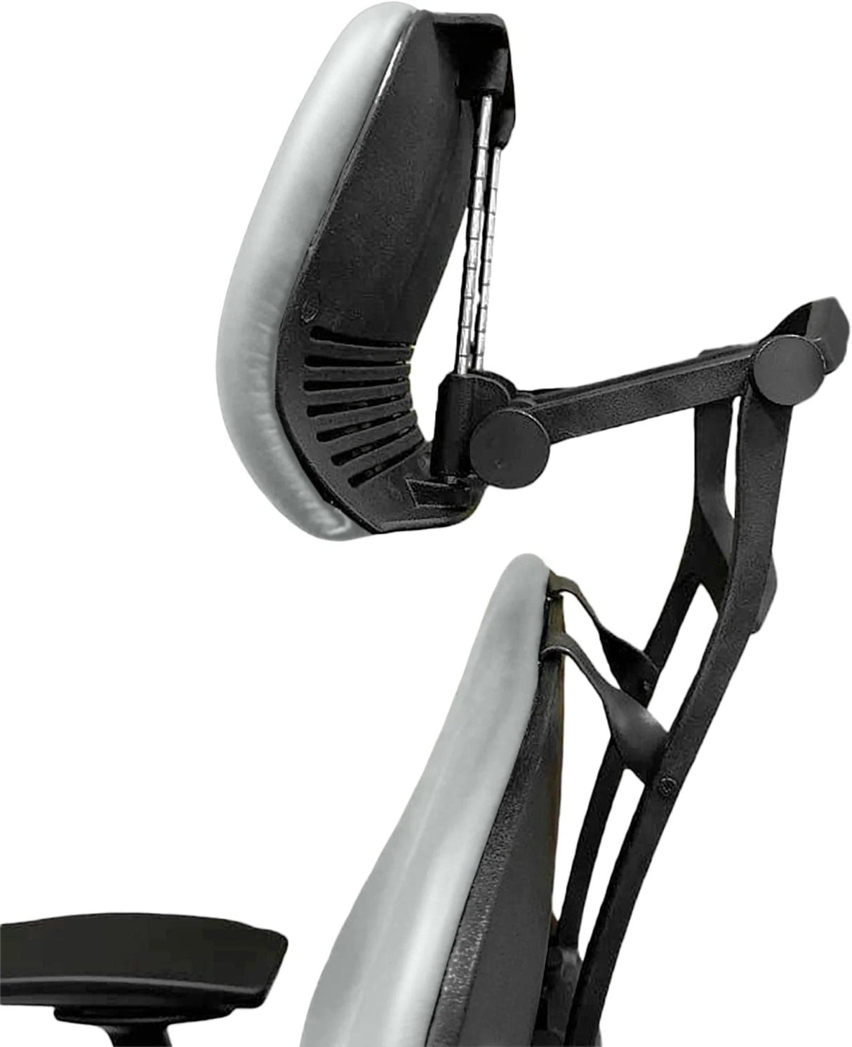 Steelcase Leap V2 office chair with adjustable headrest, closeup side view