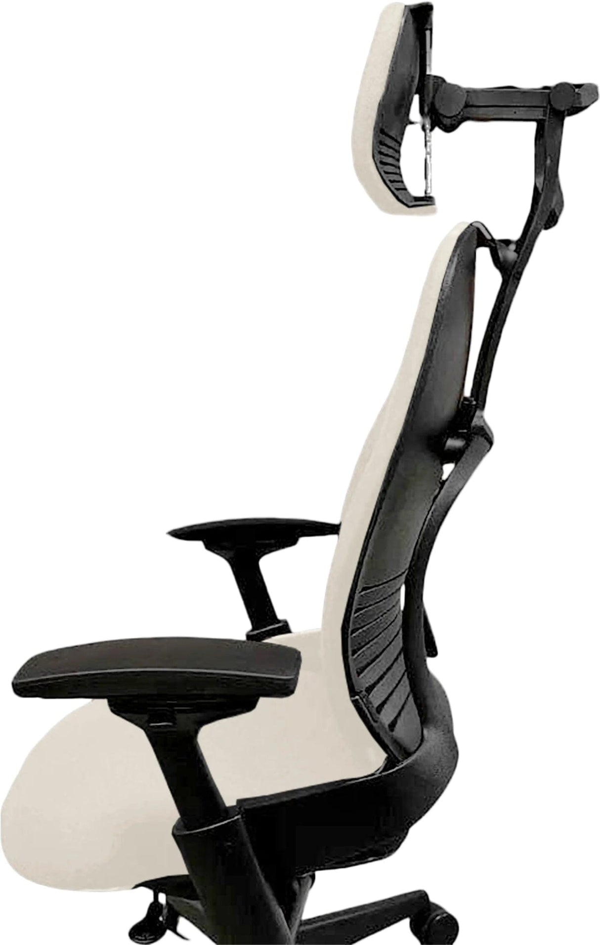 Refurbished Steelcase Leap V2 office chair with headrest, ergonomic black and white design