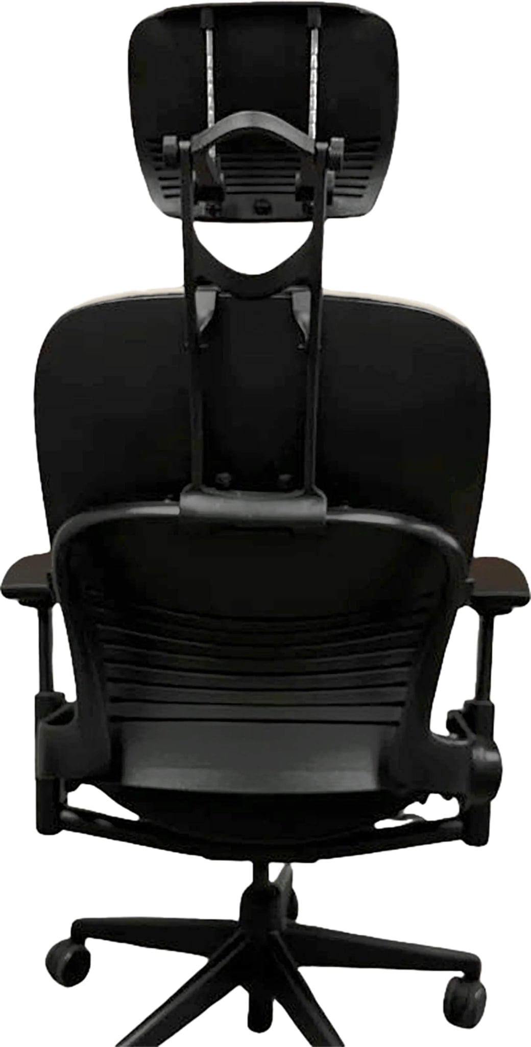 Refurbished Steelcase Leap V2 office chair with headrest, black, on wheels, rear view