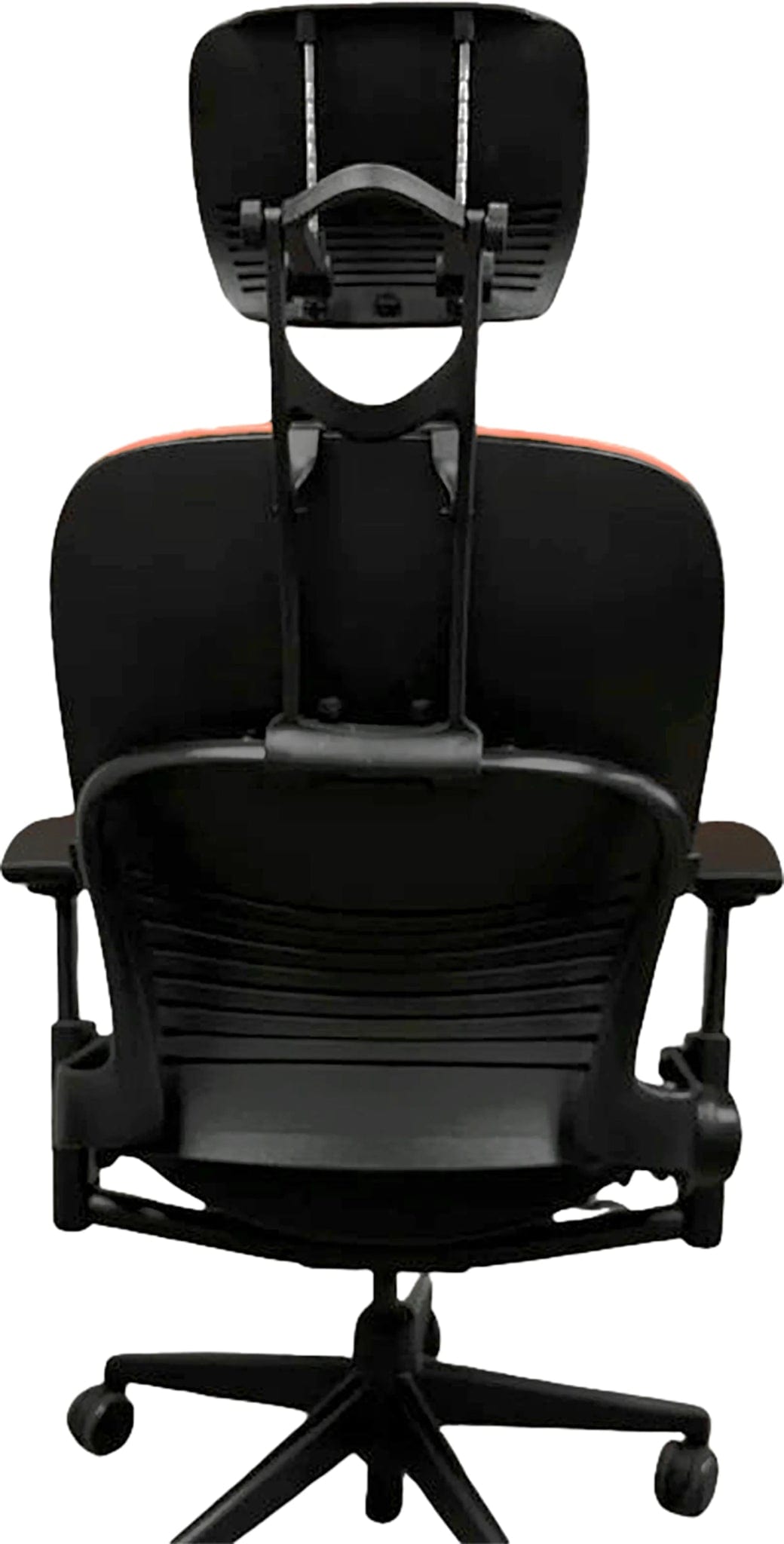 Refurbished Steelcase Leap V2 office chair with headrest, black, ergonomic design, rear view