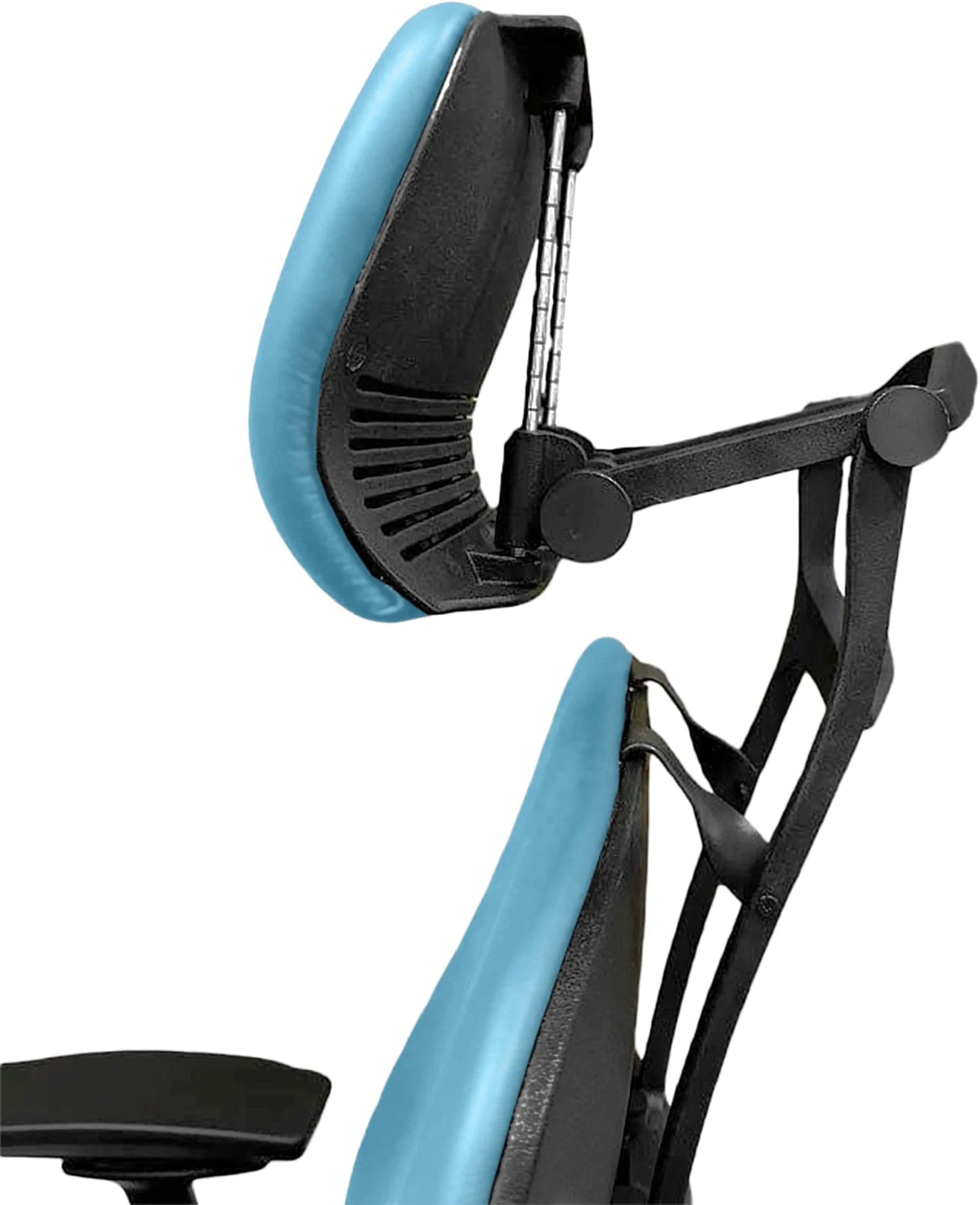 Steelcase Leap V2 office chair with blue cushion and adjustable headrest, refurbished