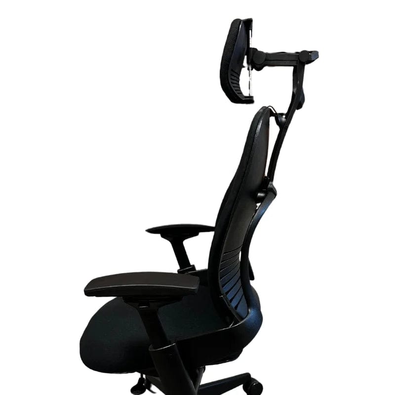 Refurbished Steelcase Leap V2 office chair with headrest, ergonomic black design