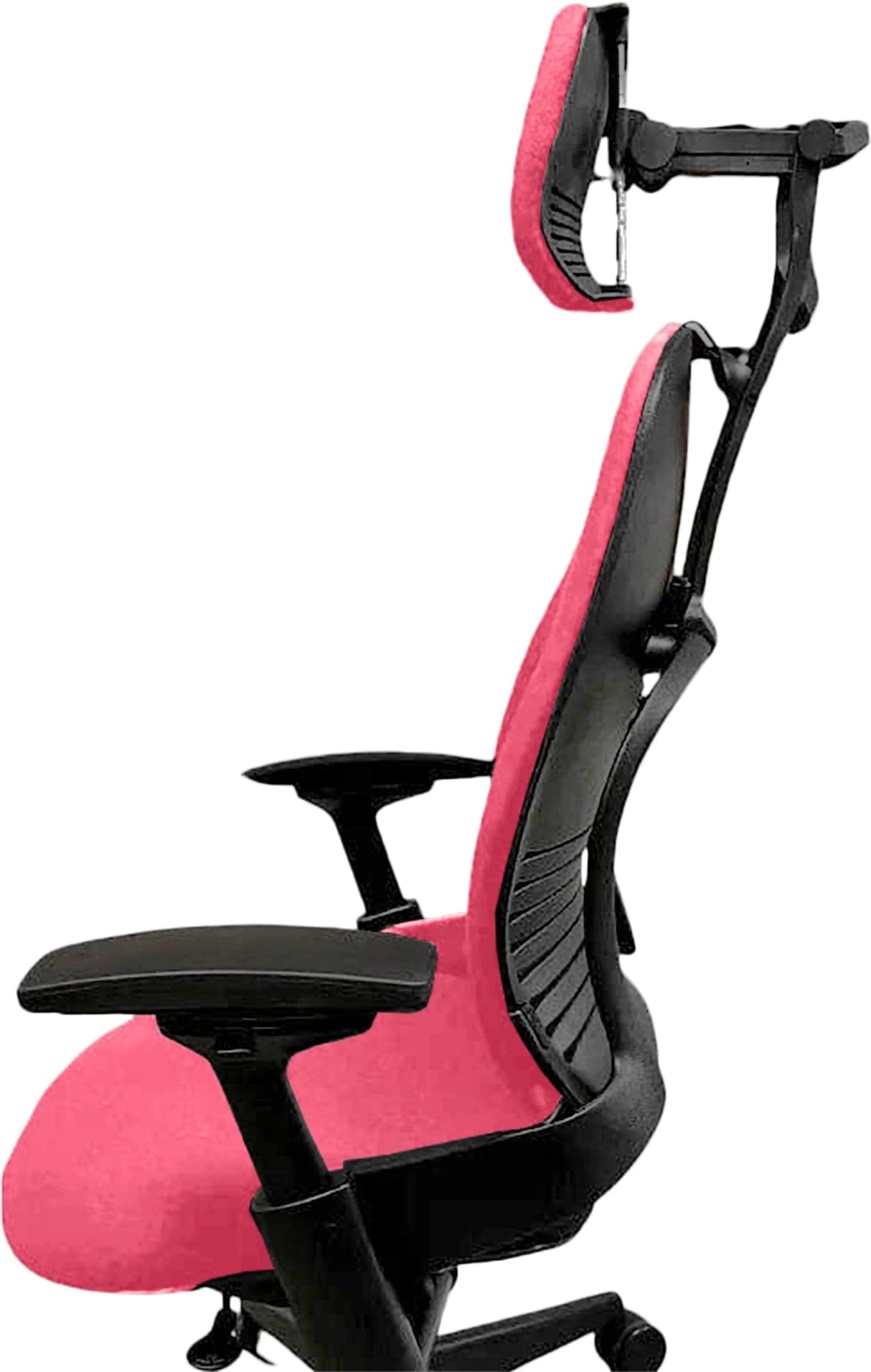 Refurbished Steelcase Leap V2 office chair with headrest, pink fabric, black frame