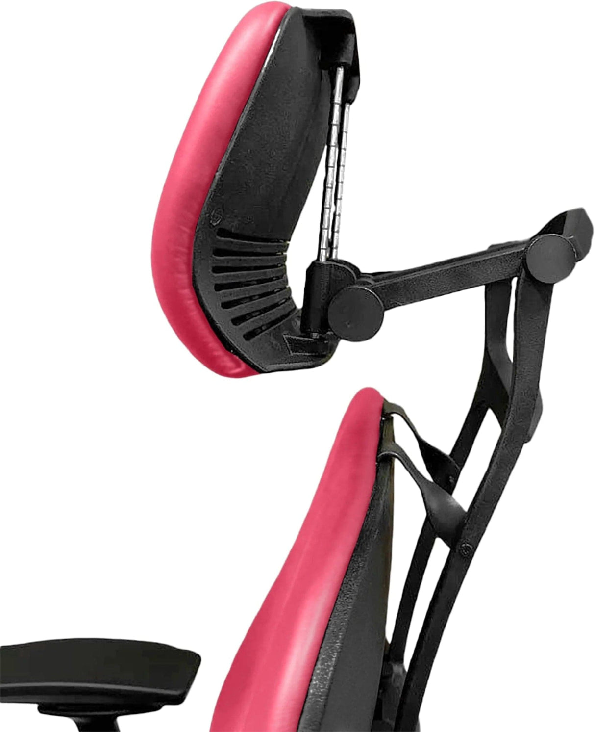 Refurbished Steelcase Leap V2 office chair with pink headrest, ergonomic design