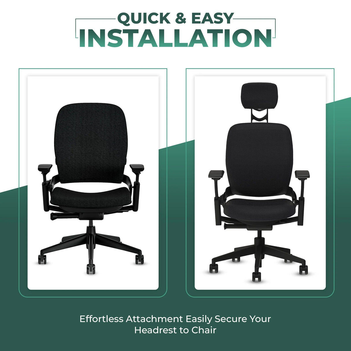 Steelcase Leap V2 office chair before and after headrest installation, refurbished, black upholstery