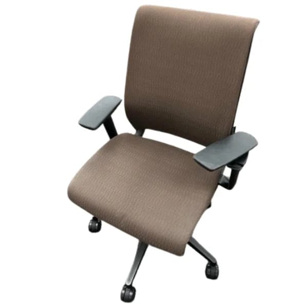 Refurbished Steelcase Think office chair with brown upholstery, black arms, and casters