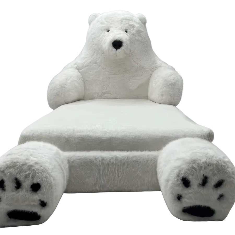 Polar bear-shaped plush sofa bed with white faux fur, novelty seating for living room or office