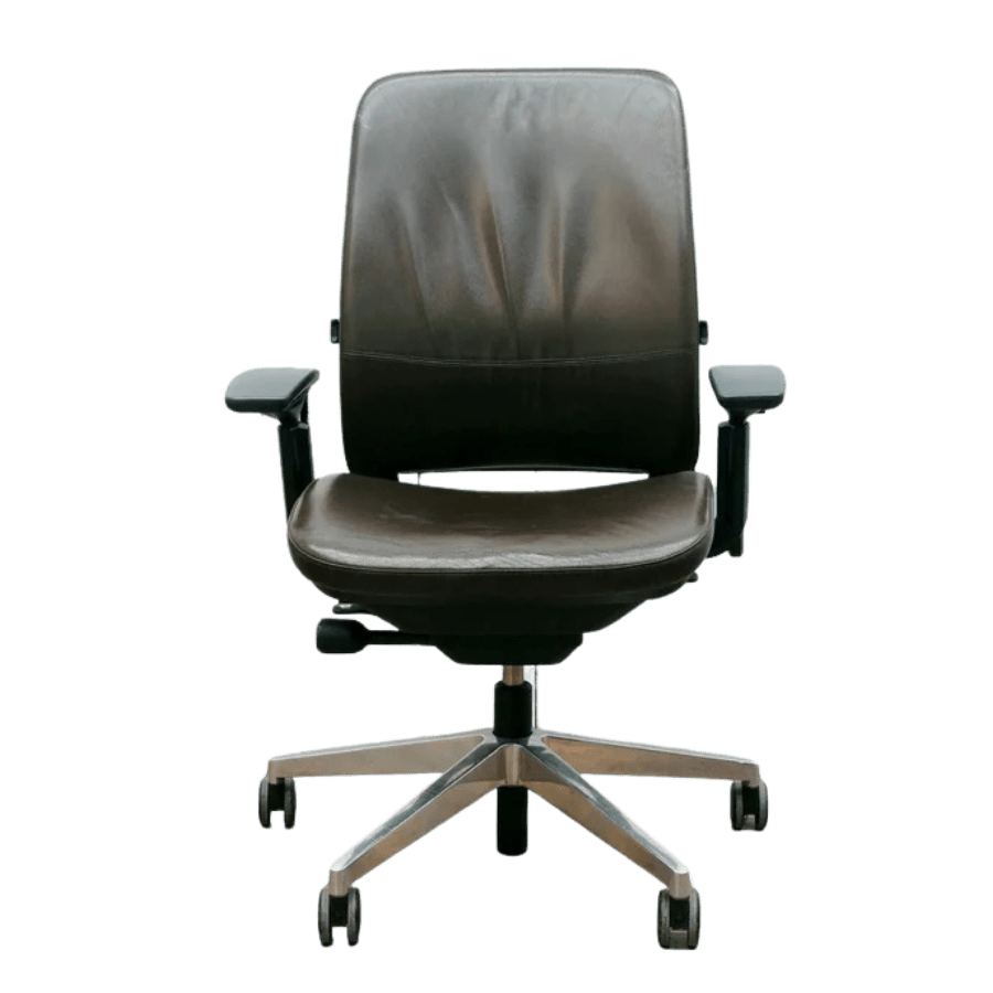 Refurbished Steelcase Amia brown leather office chair with platinum frame, ergonomic design