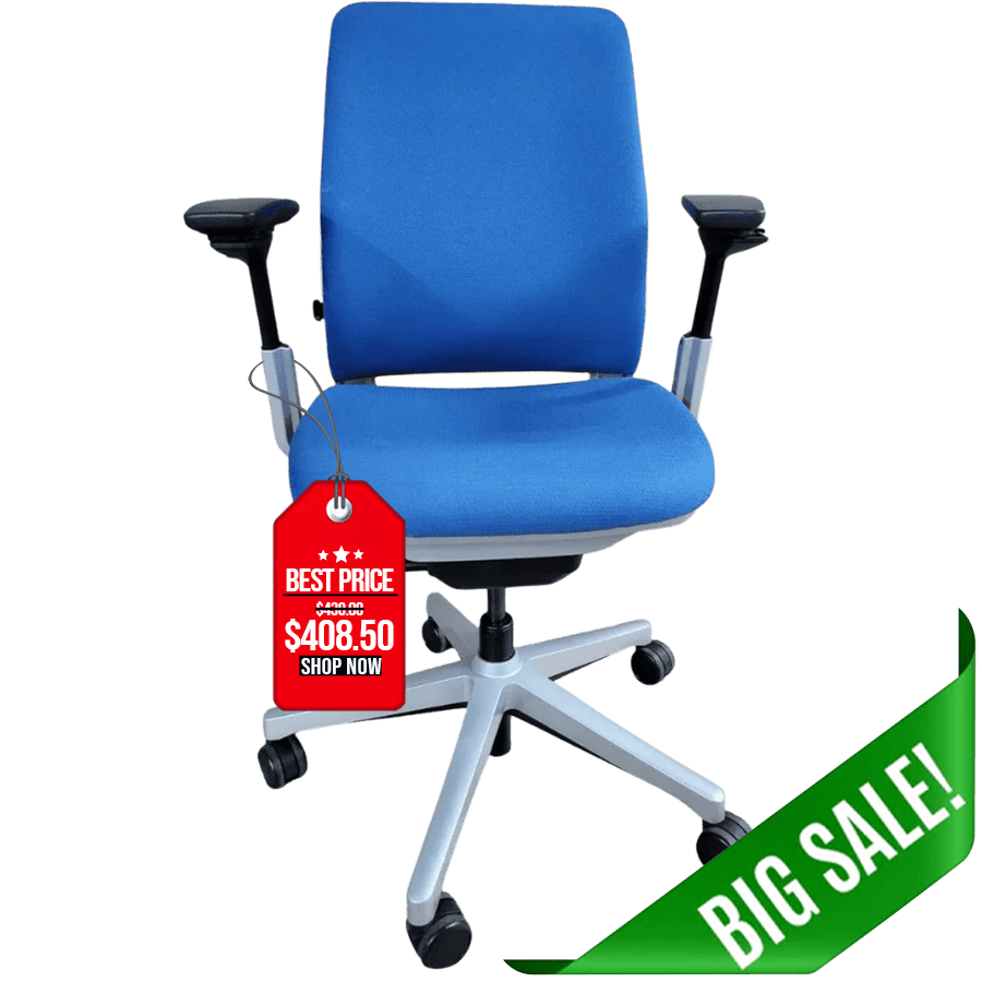 Refurbished Steelcase Amia blue office chair with platinum frame, best price sale at Office Logix Shop