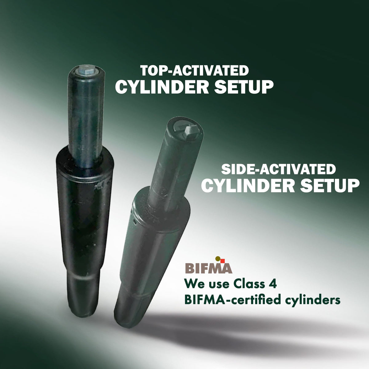 Two office chair cylinders showing top-activated and side-activated setups with BIFMA certification.