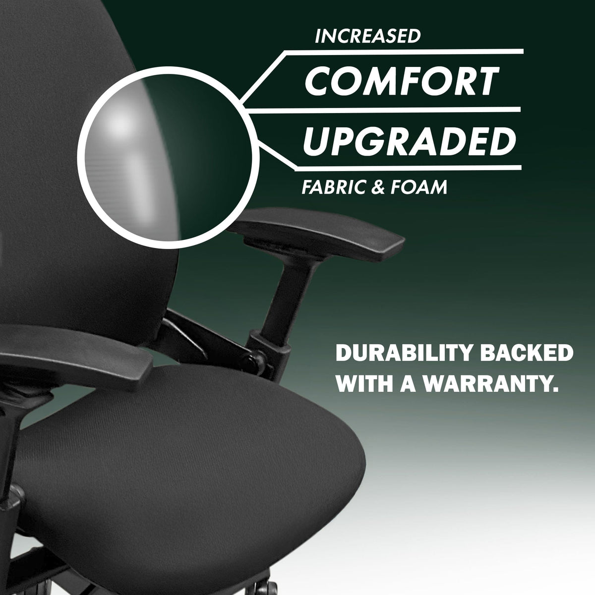 Refurbished Steelcase Leap V2 office chair with black base, upgraded fabric and foam, warranty text.