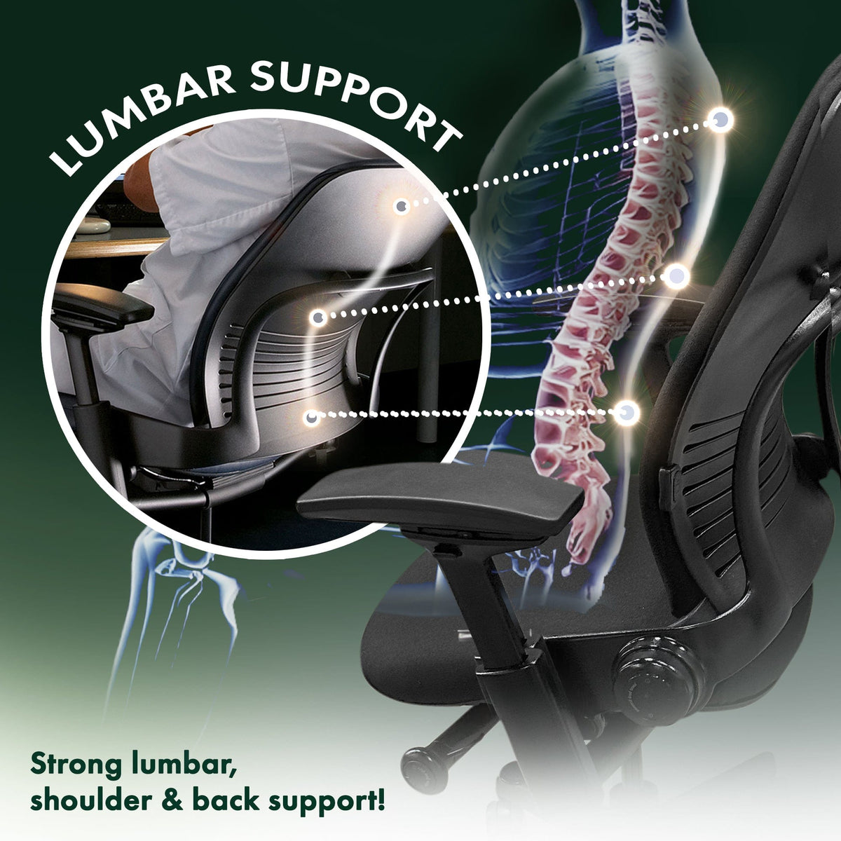 Steelcase Leap V2 office chair with black base, showing ergonomic lumbar, shoulder, and back support, refurbished by Office Logix Shop.