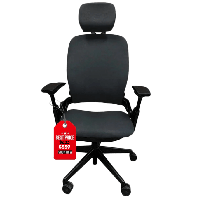 Refurbished Steelcase Leap V2 office chair with headrest, black, sale tag, ergonomic seating