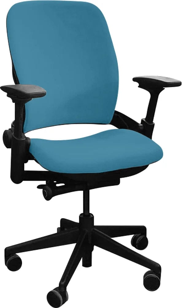 Refurbished Steelcase Leap V2 office chair with blue seat and black frame on wheels